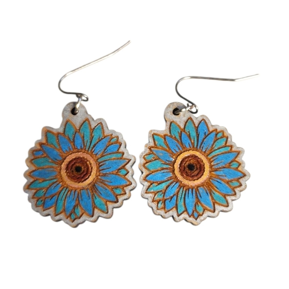 Azure Sunburst Petals Wood Drop Earrings - Picture 3 of 3